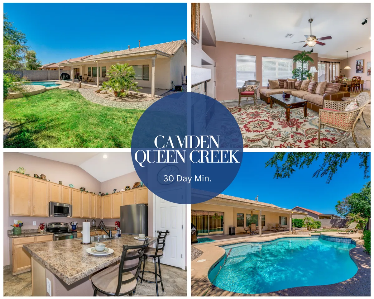 The image showcases the inviting backyard of a Queen Creek single family home, featuring a sparkling swimming pool at sunset, a spacious patio area ideal for gatherings, and large windows revealing glimpses of a modern kitchen and cozy living room. The scene evokes outdoor relaxation, family fun, and seamless indoor-outdoor living, all set against an Arizona sky.